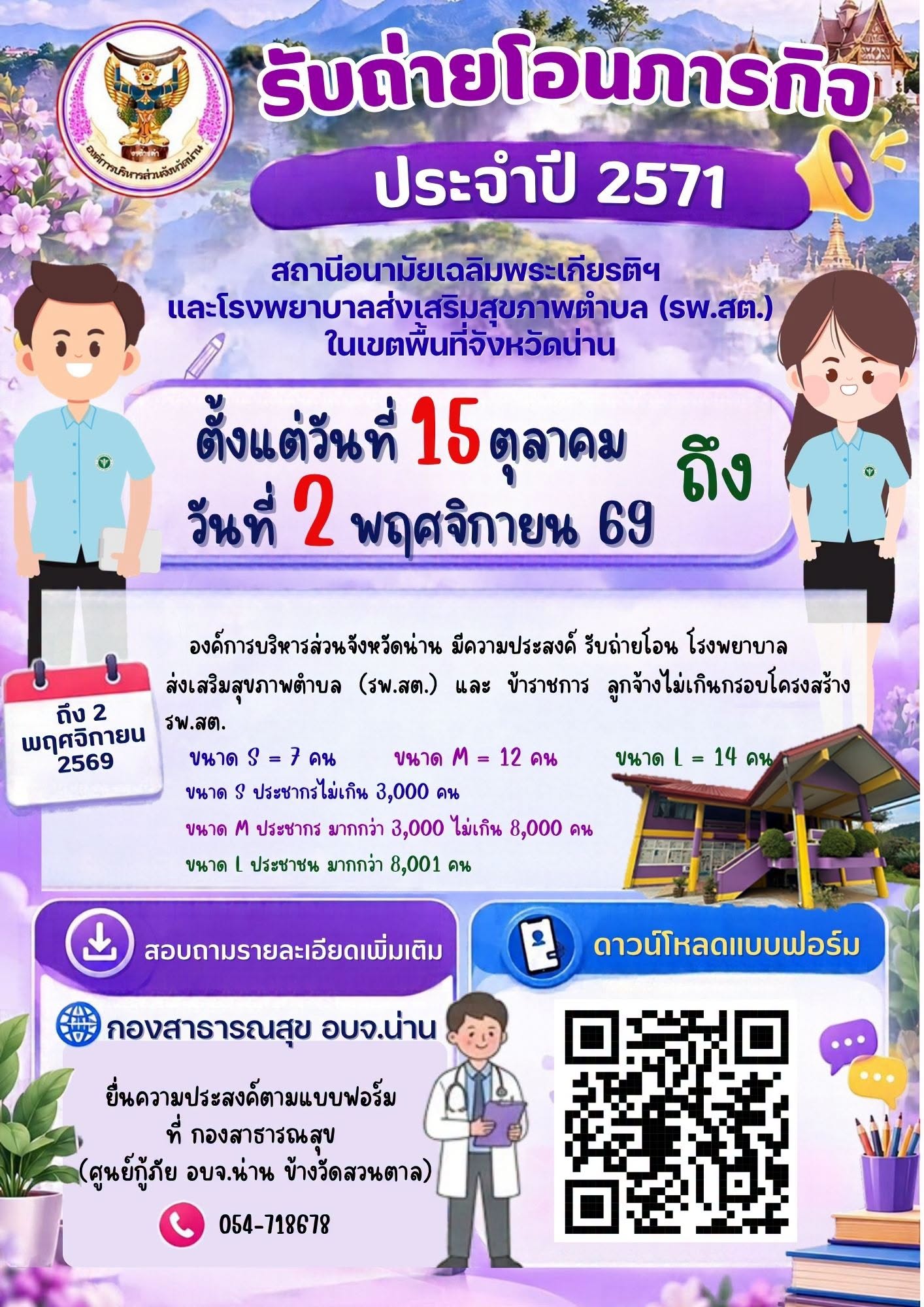 อบจ.น่าน รับถ่ายโอนภารกิจสถานีอนามัยเฉลิมพระเกียรติ 60 พรรษา นวมินทราชินีและโรงพยาบาลส่งเสริมสุขภาพตำบล (รพ.สต.) ในเขตพื้นที่จังหวัดน่าน ประจำปีงบประมาณ พ.ศ.2571